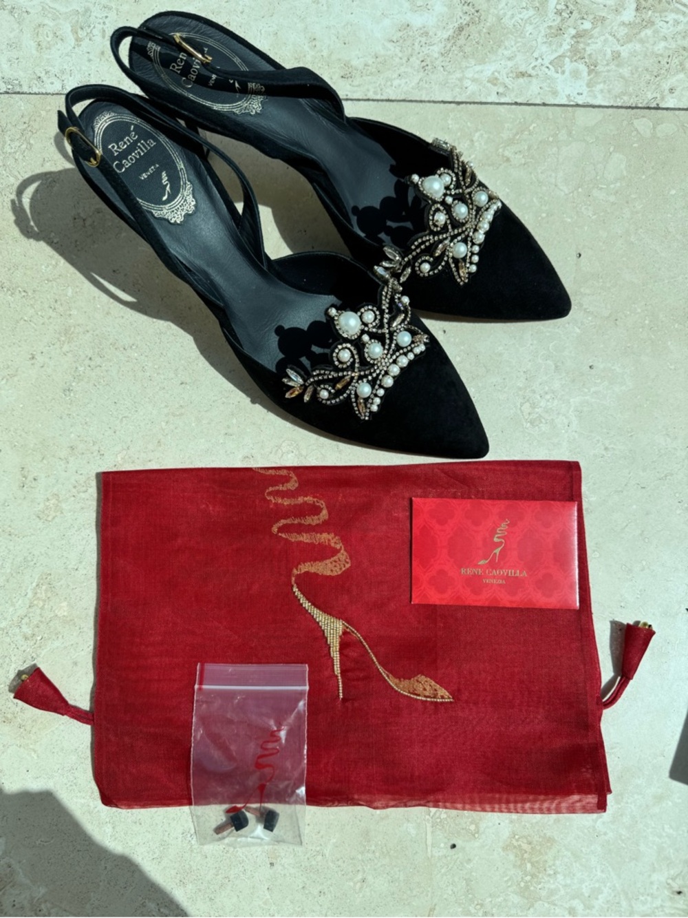 NEW Rene Caovilla Black Suede Pearl & Crystal Slingback Heels - Picture 5 of 6